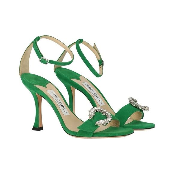 Jimmy Choo Marsai 90 Crystal Buckle Green Suede Sandals EU37.5 - Picture 11 of 11